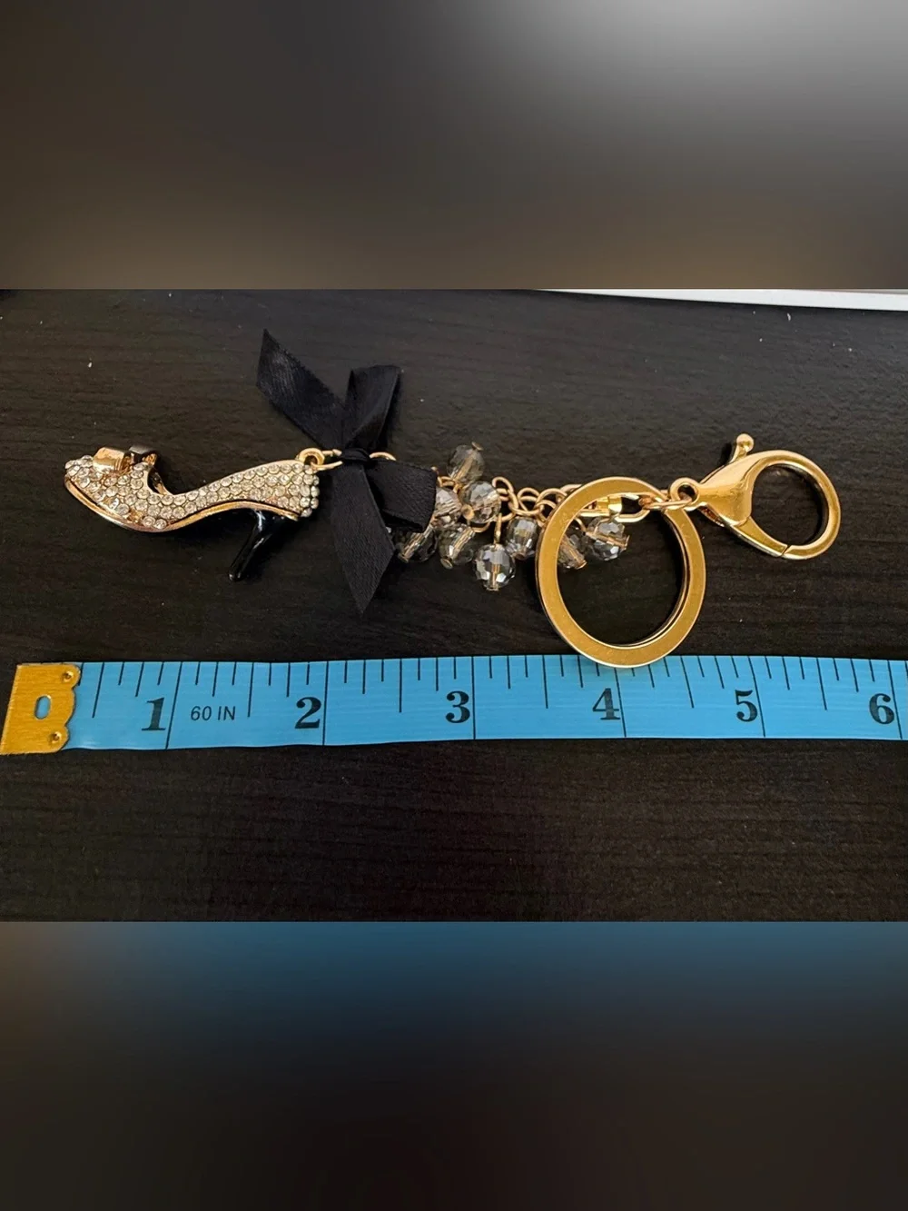 Gold Rhinestone High Heel Keychain with Black Bow & Faceted Crystals